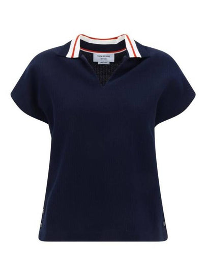 Women's Cricket Stripe Lightweight Cotton Short Sleeve Polo Shirt Navy - THOM BROWNE - BALAAN 2