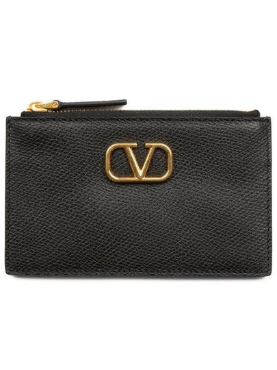 V Logo Zipper Card Wallet Black - VALENTINO - BALAAN 2