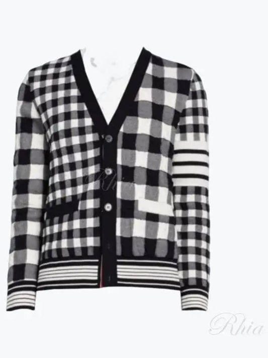 4-Bar Stripe Funmix Gingham Jacquard Cardigan Navy - THOM BROWNE - BALAAN 2