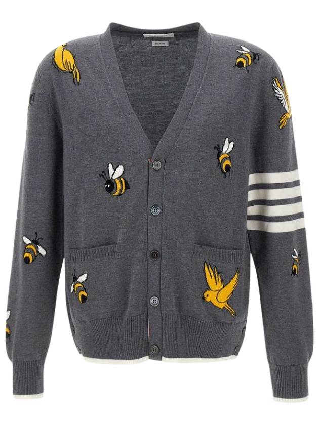 Men's Merino Bird Bee 4 Bar V-Neck Merino Cotton Cardigan Medium Grey - THOM BROWNE - BALAAN 2