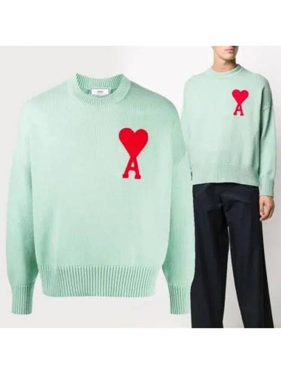 Men's Big Heart Embroidered Logo Knit Top Green Aqua - AMI - BALAAN 2