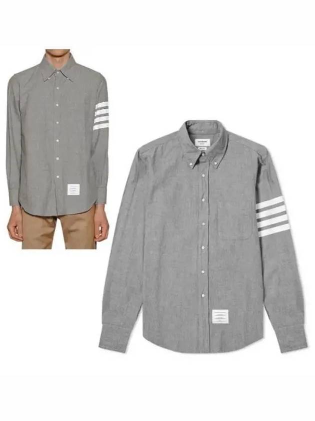 Men's Diagonal Shambray Print Nametag Straight Fit Long Sleeve Shirt Medium Grey - THOM BROWNE - BALAAN 2