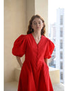 V neck puff sleeve A line midi dress red - CAHIERS - BALAAN 5