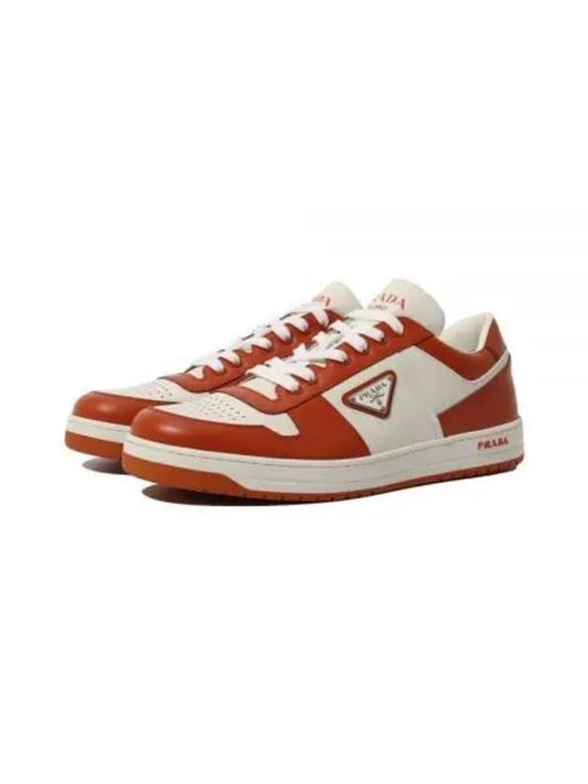 Men's Downtown Triangle Logo Leather Low Top Sneakers White Orange - PRADA - BALAAN 2