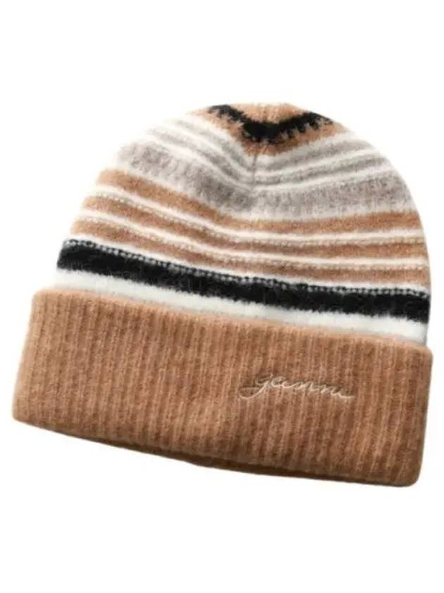 Logo Striped Beanie Brown - GANNI - BALAAN 2