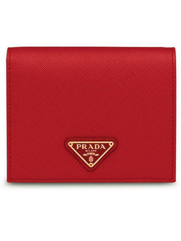 women's gold triangle logo saffiano bifold wallet red - PRADA - BALAAN.