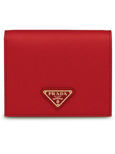 Gold Hardware Triangle Logo Saffiano Half Wallet Red - PRADA - BALAAN 1