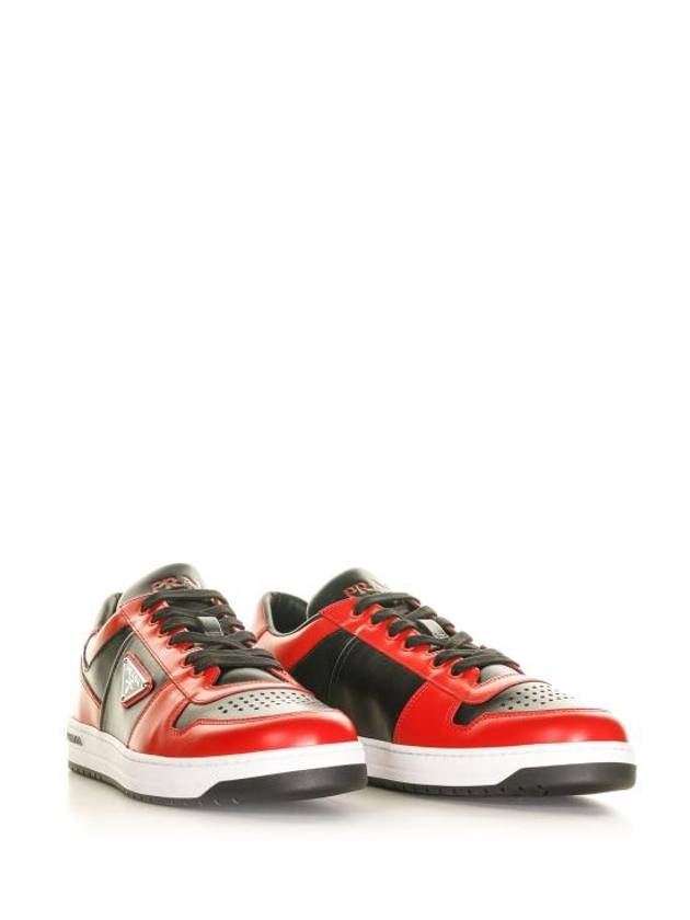 Men's Downtown Triangle Logo Leather Low Top Sneakers Red - PRADA - BALAAN 3