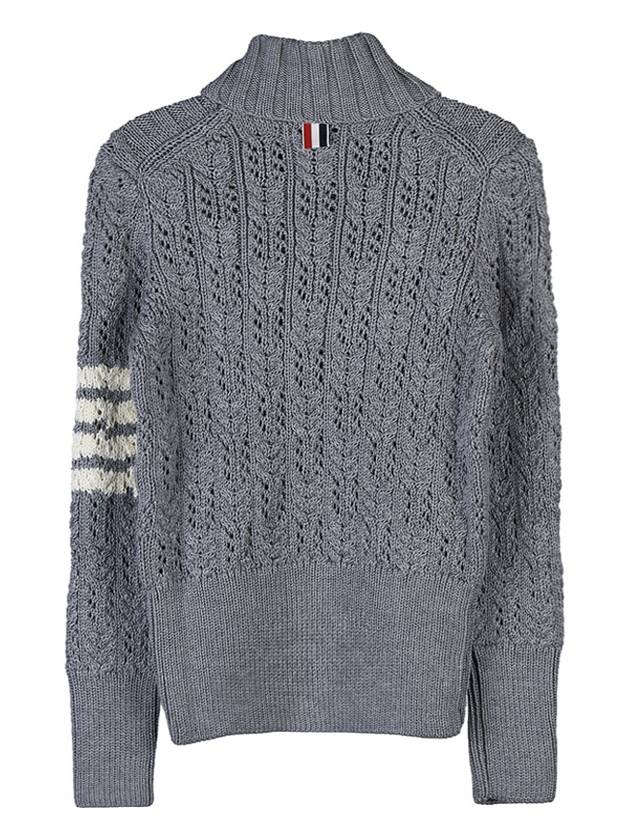 Women's 4 Bar Irish Pointelle Cable Merino Wool Turtleneck Grey - THOM BROWNE - BALAAN 3