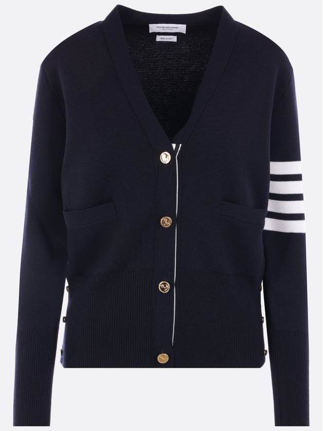 Milano Stitch 4 Bar Classic V Neck Fine Merino Wool Cardigan Navy - THOM BROWNE - BALAAN 2