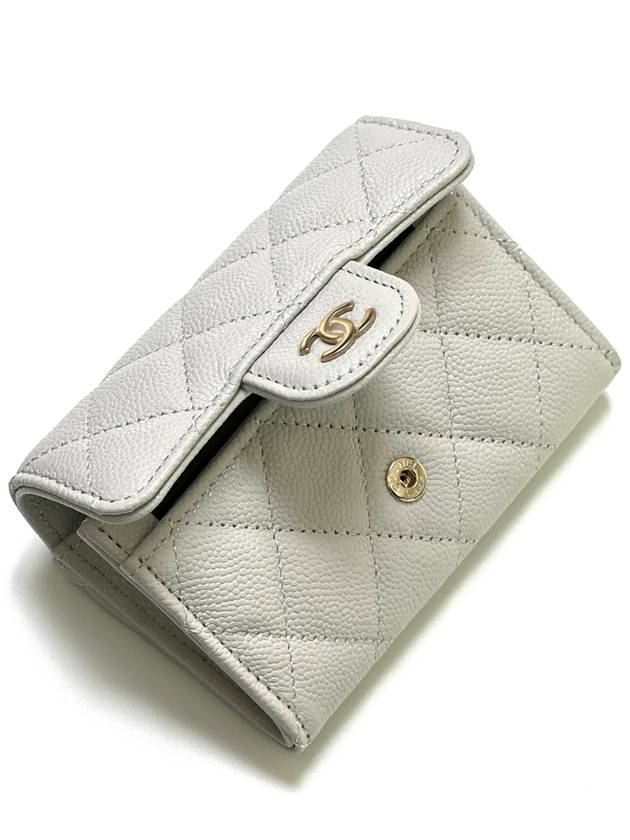 Classic Gold Logo Grained Shiny Calfskin Card Wallet Light Grey - CHANEL - BALAAN 4