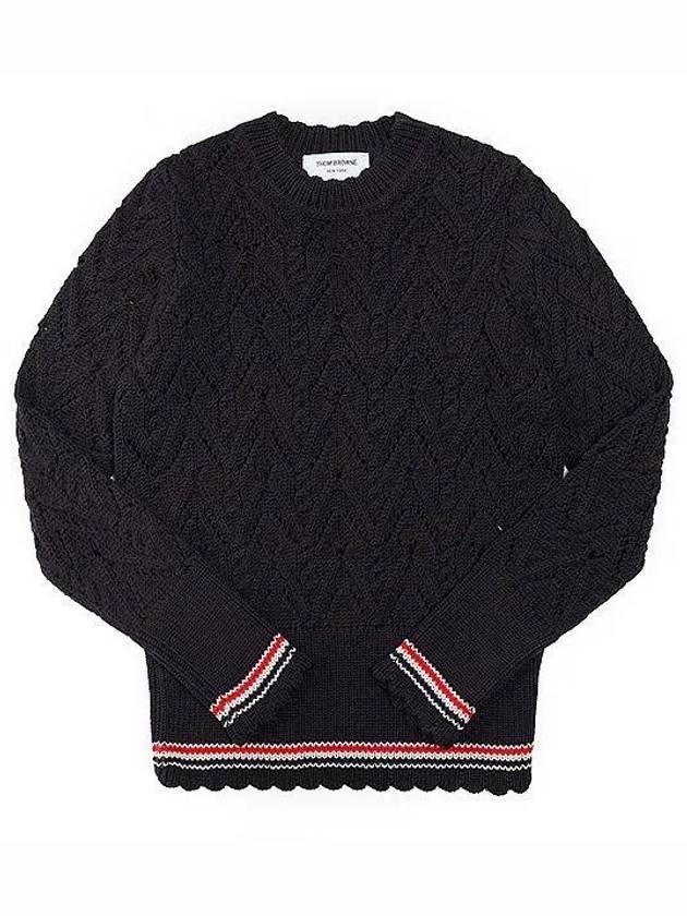 Women's Pointel Cable Merino Wool Pullover Knit Top Navy - THOM BROWNE - BALAAN 2