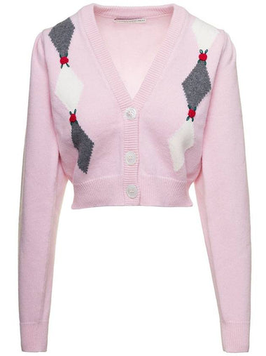 Pink Cardigan With 'Diamond' Motif And Embroidered Rose Detail In Wool Woman - ALESSANDRA RICH - BALAAN 1