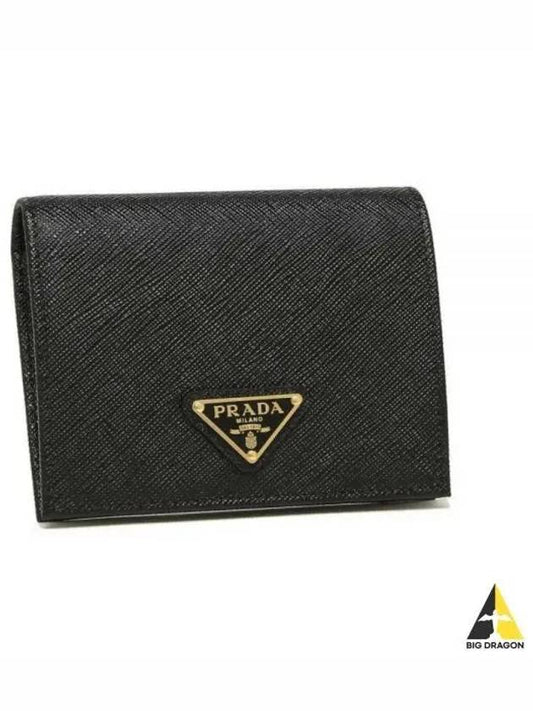 Gold Hardware Triangle Logo Saffiano Half Wallet Black - PRADA - BALAAN 2