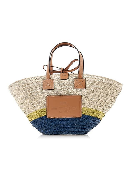 Color Block Straw Tote Bag Blue Beige - ETRO - BALAAN 1