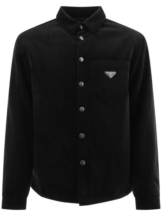 Triangle Logo Corduroy Long Sleeve Shirt Black - PRADA - BALAAN 1