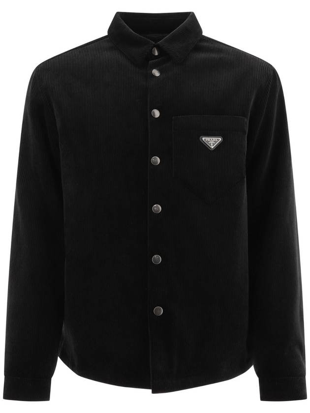 Triangle Logo Corduroy Long Sleeve Shirt Black - PRADA - BALAAN 1