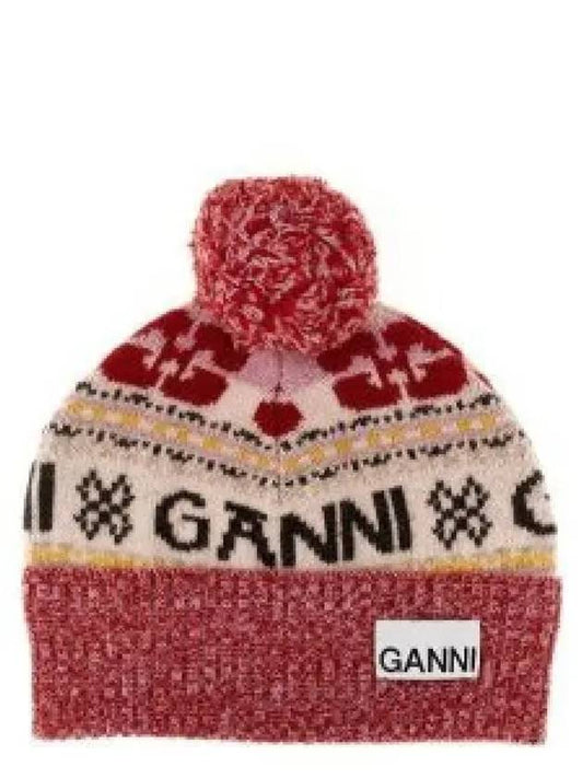 Logo Graphic Intarsia Knit Beanie Red - GANNI - BALAAN 2