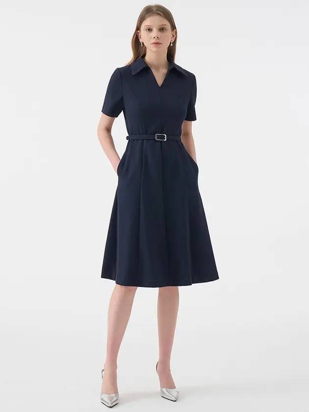 Women's Colia Open Collar Belted Midi Dress Navy - AME - BALAAN 1