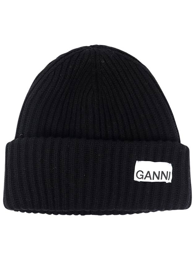 Logo Patch Knit Beanie Black - GANNI - BALAAN 2