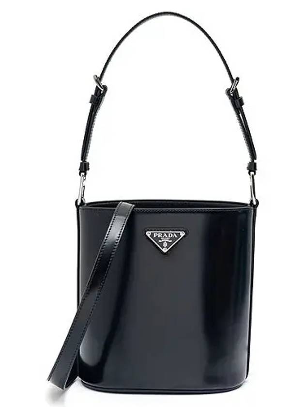 Triangle Logo Brushed Leather Mini Bucket Bag Black - PRADA - BALAAN.