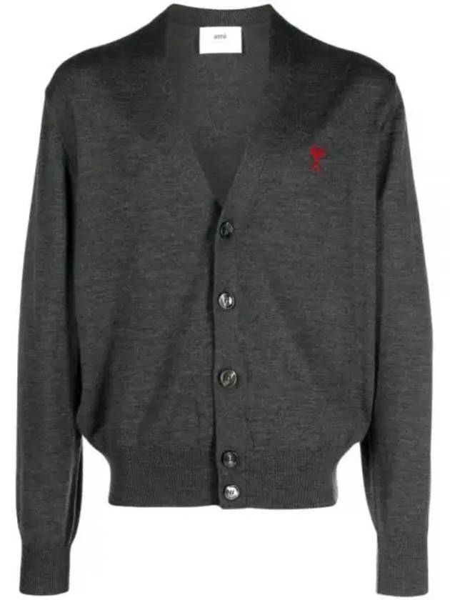 Red Heart Logo Merino Wool Cardigan Heather Grey - AMI - BALAAN 2