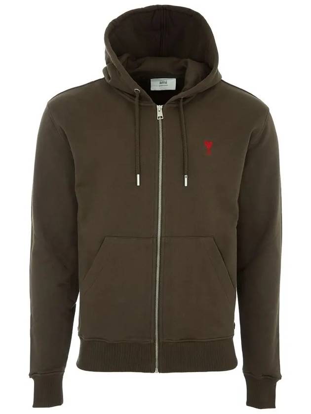 Red Small Heart Logo Cotton Hooded Zip-up Dark Coffee - AMI - BALAAN 3