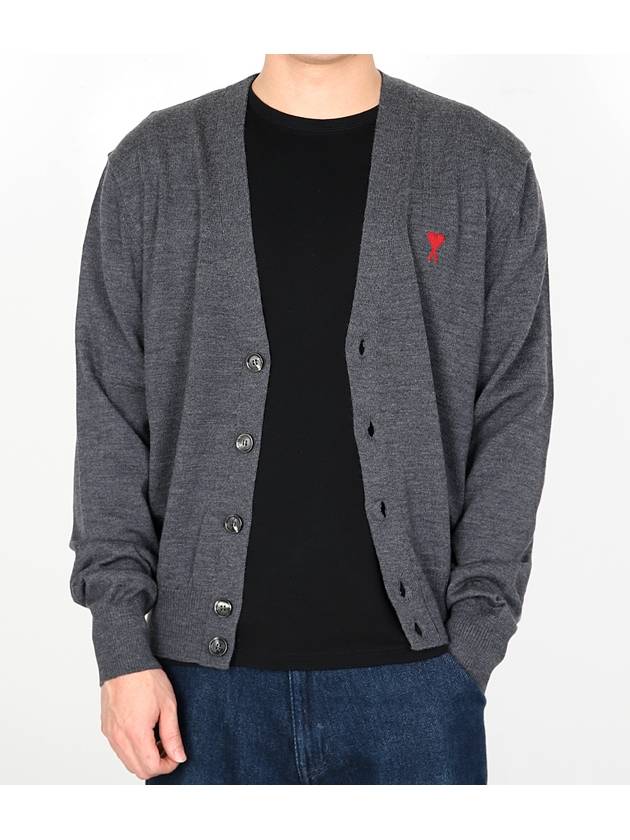 Red Heart Logo Merino Wool Cardigan Heather Grey - AMI - BALAAN 2