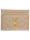 YSL Gold Tone Monogram Logo Quilted Grain Leather Card Holder Beige - SAINT LAURENT - BALAAN 2