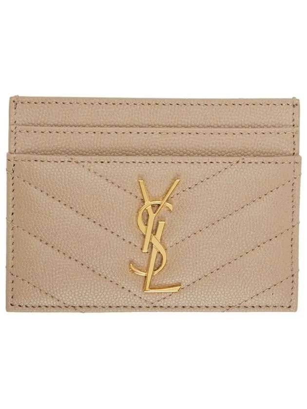 YSL Gold Tone Monogram Logo Quilted Grain Leather Card Holder Beige - SAINT LAURENT - BALAAN 2