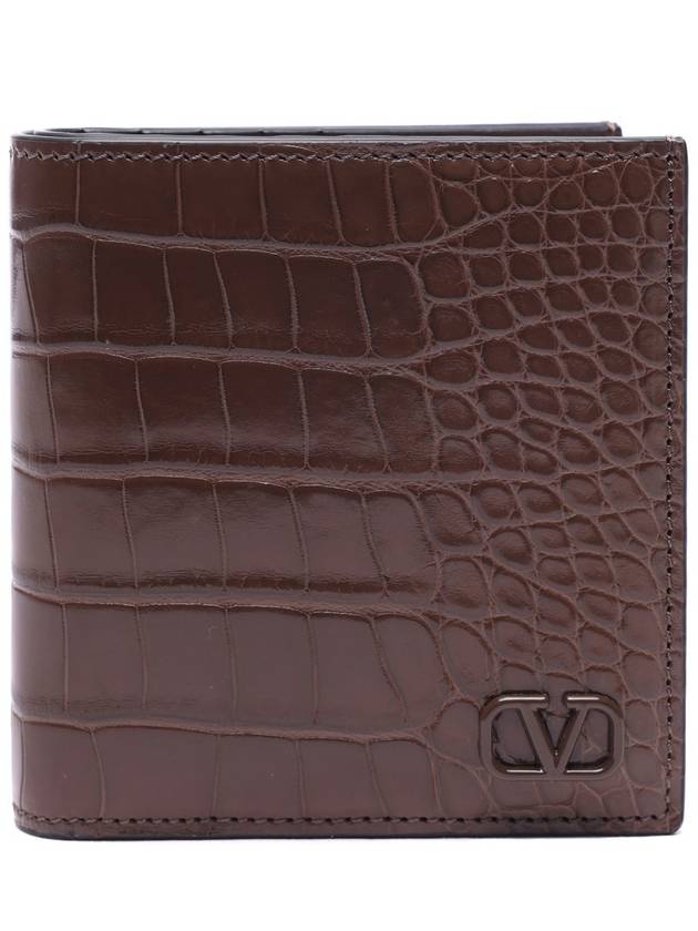 V Logo Crocker Effect Half Wallet Brown - VALENTINO - BALAAN 3