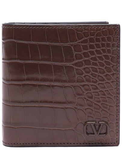 V Logo Crocker Effect Half Wallet Brown - VALENTINO - BALAAN 2