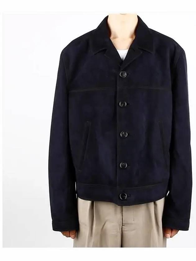 Triangle Logo Suede Jacket Navy - PRADA - BALAAN 3