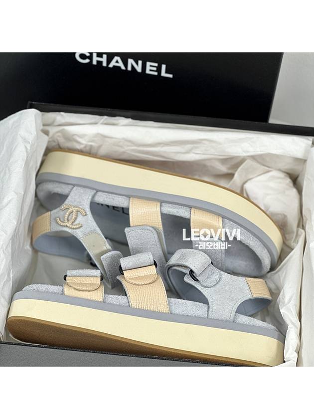 Logo Gold Velcro Suede Strap Sandals Beige Blue - CHANEL - BALAAN 7