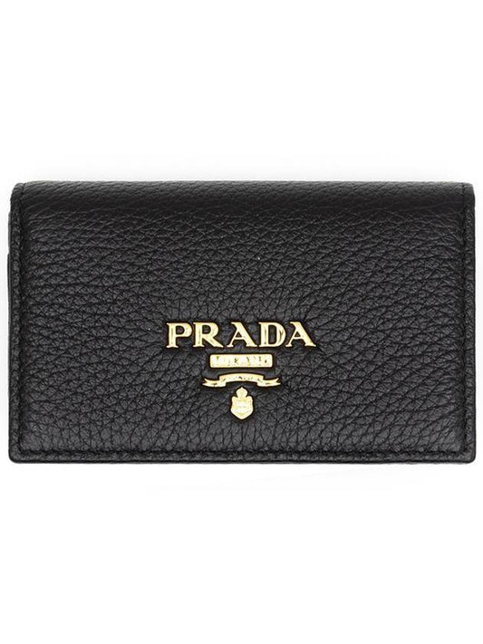 Vitello grain gold logo card wallet black - PRADA - BALAAN.