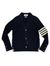 V-Neck Diagonal Pointelle Wool Cardigan Navy - THOM BROWNE - BALAAN 3