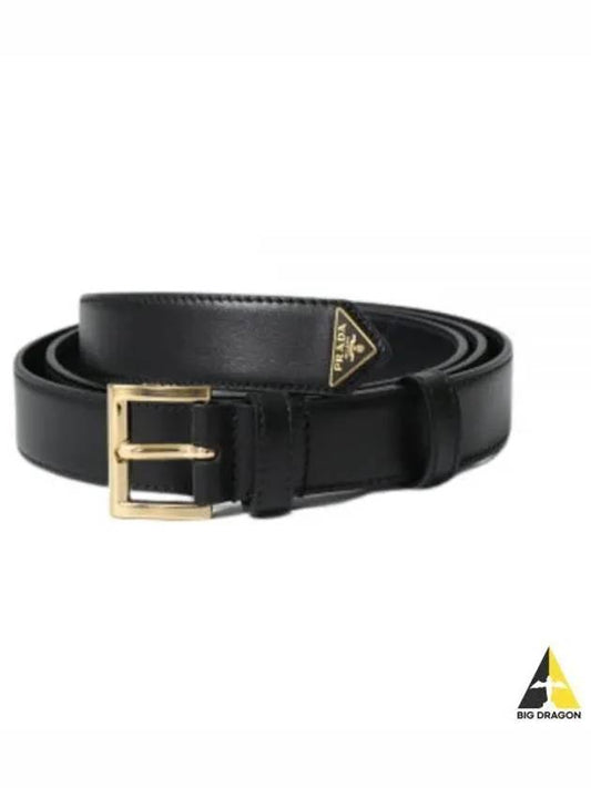 Women's Gold Triangle Logo Leather Belt Black - PRADA - BALAAN 2