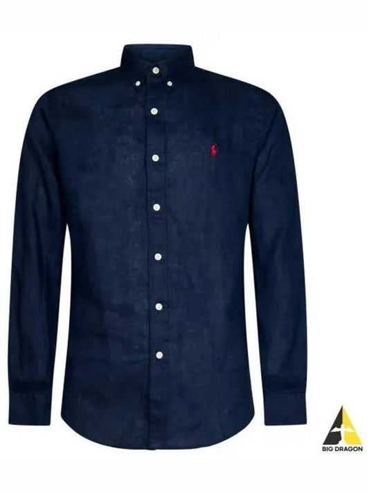 Embroidered Pony Linen Long Sleeve Shirt Navy - POLO RALPH LAUREN - BALAAN 2