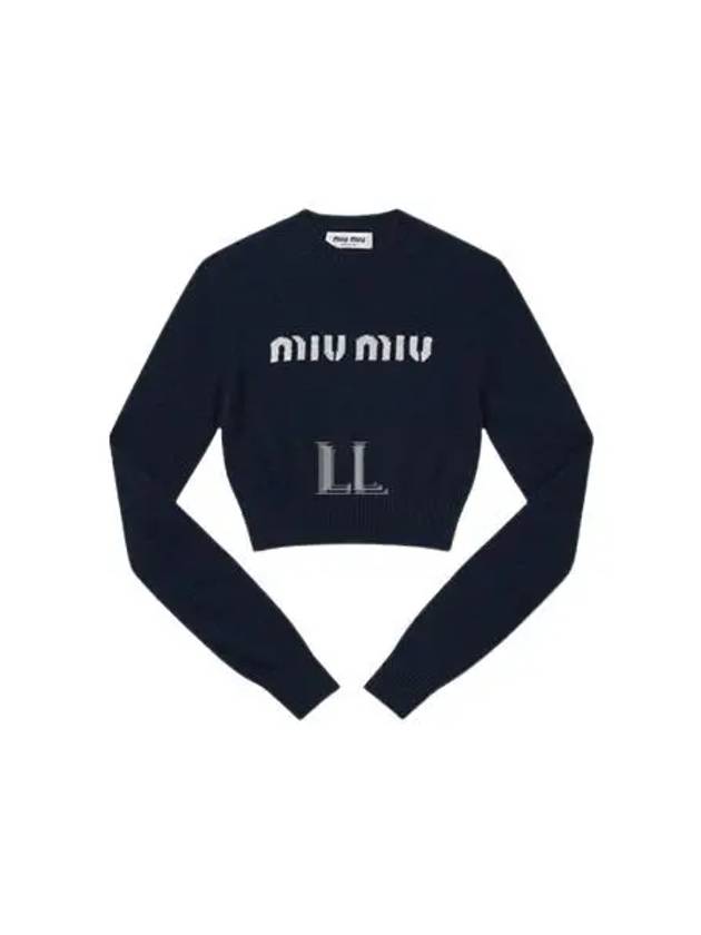 Print Logo Crop Wool Cashmere Knit Top Navy - MIU MIU - BALAAN 2