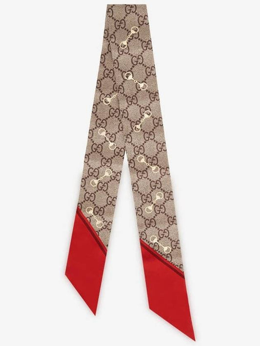 GG Print Horsebit Silk Neck Bow Twilly Scarf Beige Red - GUCCI - BALAAN 2