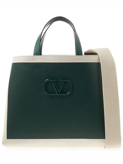 Signature V Logo Canvas Leather Tote Bag Natural Green - VALENTINO - BALAAN 2