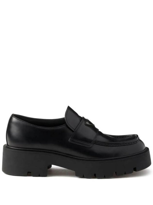 Triangle Logo Brushed Leather Loafers Black - PRADA - BALAAN 1