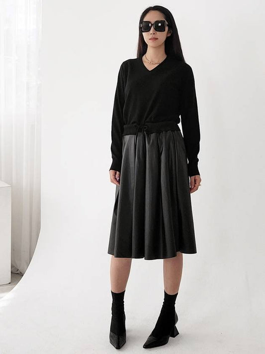 e Women's Knit Leather Mixed Midi Dress Black - PRETONE - BALAAN 1