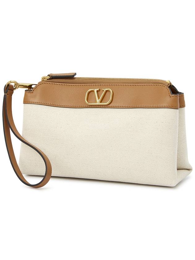 V logo signature canvas clutch bag brown beige - VALENTINO - BALAAN 3