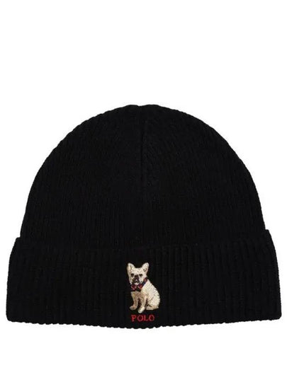 Embroidered French Bulldog Wool Beanie Black - POLO RALPH LAUREN - BALAAN 2