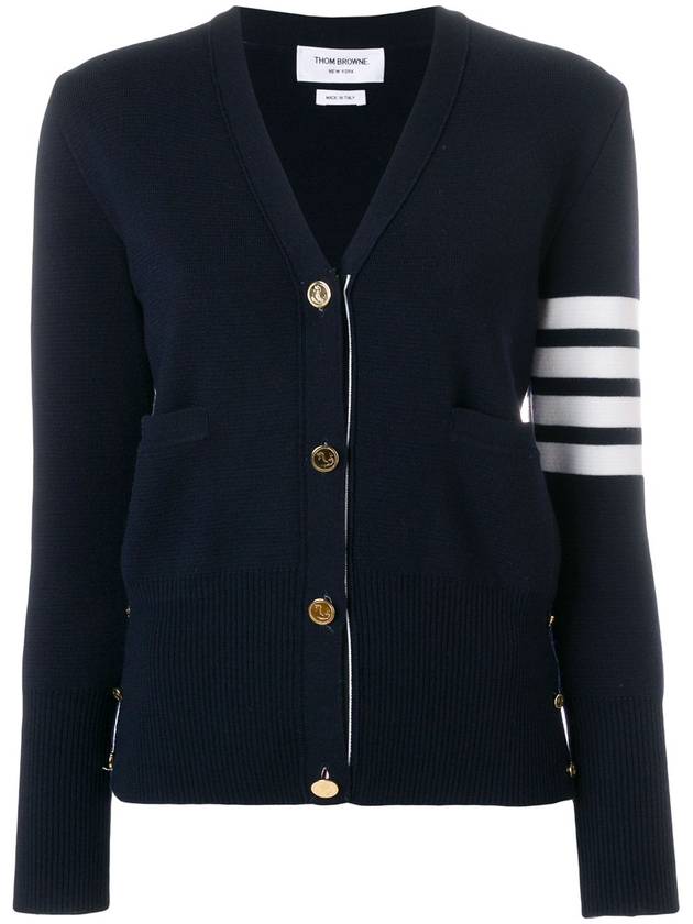 Milano Stitch 4 Bar Classic V Neck Fine Merino Wool Cardigan Navy - THOM BROWNE - BALAAN.