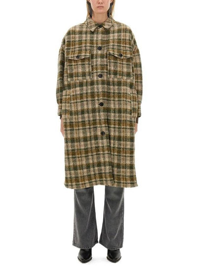 Fontizi Long Check Wool Single Coat Khaki Ecru - ISABEL MARANT ETOILE - BALAAN 2