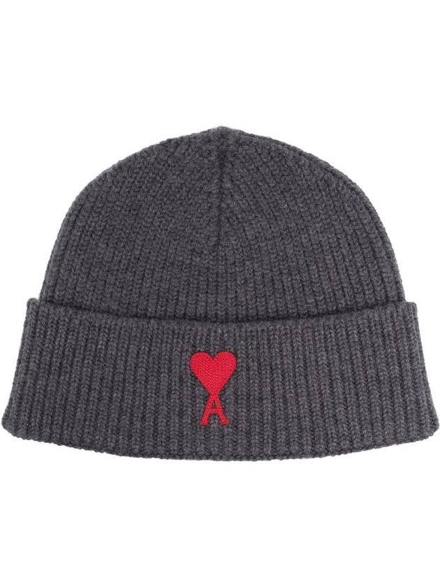 Embroidered Logo Wool Beanie Gray - AMI - BALAAN.