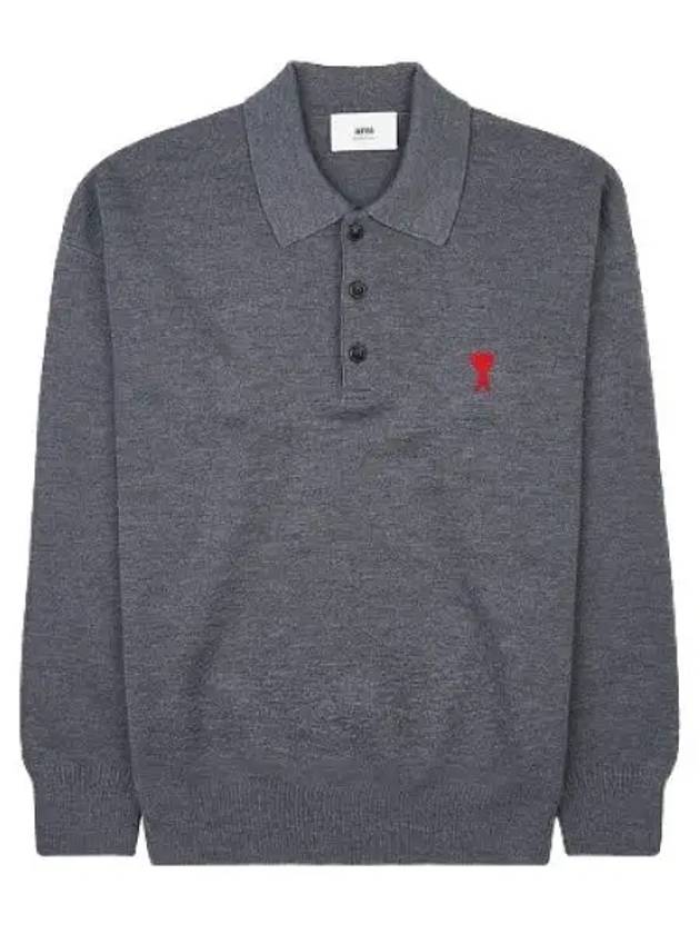 Small Heart Extra Fine Merino Wool Polo Shirt Grey - AMI - BALAAN 2