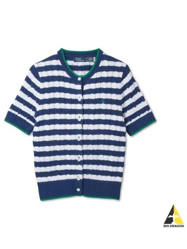 W Striped Cable Knit Short Sleeve Cotton Sweater Blue Yacht White - POLO RALPH LAUREN - BALAAN 1